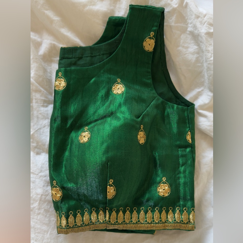 New designer embroidered Silk Green Sleeveless with Gold Accents Blouse for Sari - Picture 5 of 5